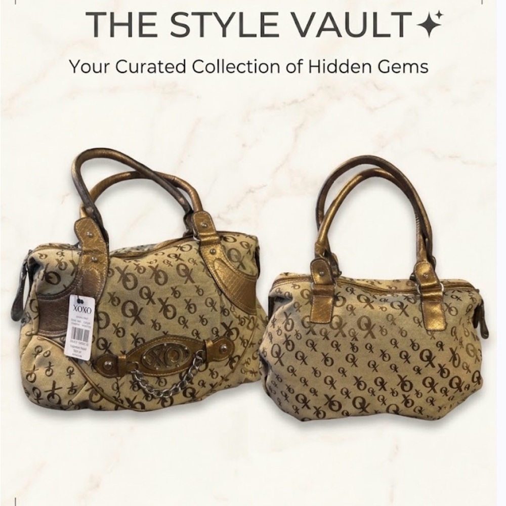 XOXO Metallic Gold Logo Satchel Set — Gold and Tan Patterned Handbags